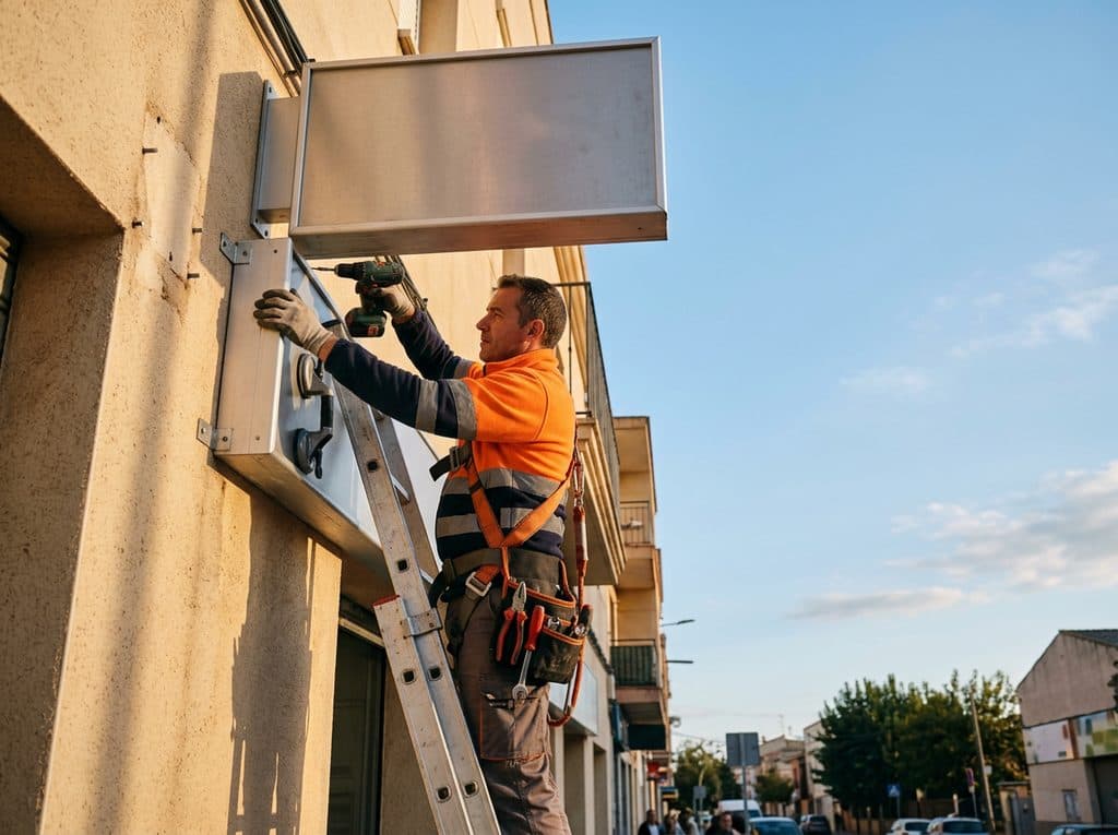 Instalación de un rótulo en fachada por el equipo de Salnés Rot
