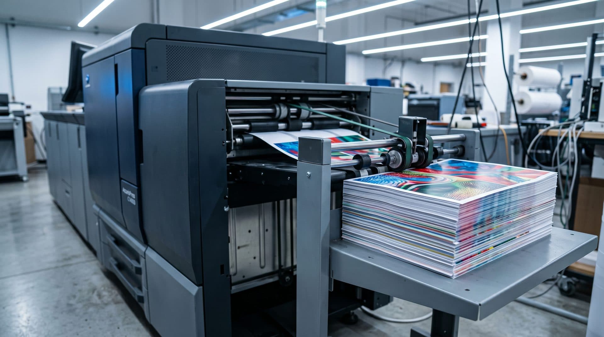 Máquina de impresión profesional trabajando en la imprenta de Vilanova de Arousa