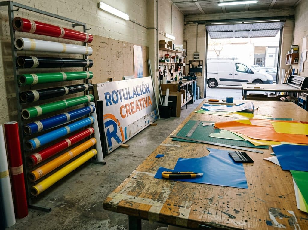 Taller de rotulación de Salnés Rot en Vilanova de Arousa con trabajos en proceso
